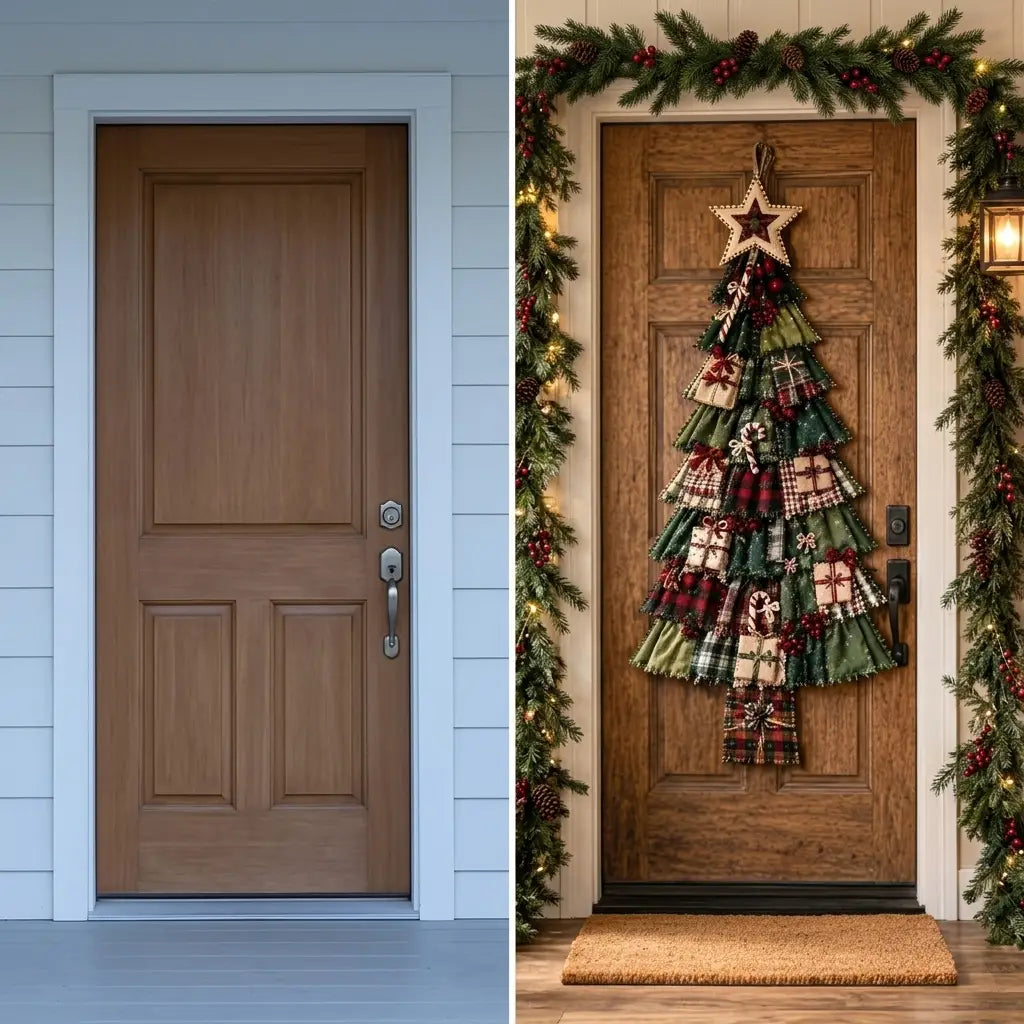 A bare front door next to the same door with a Patchpine tree