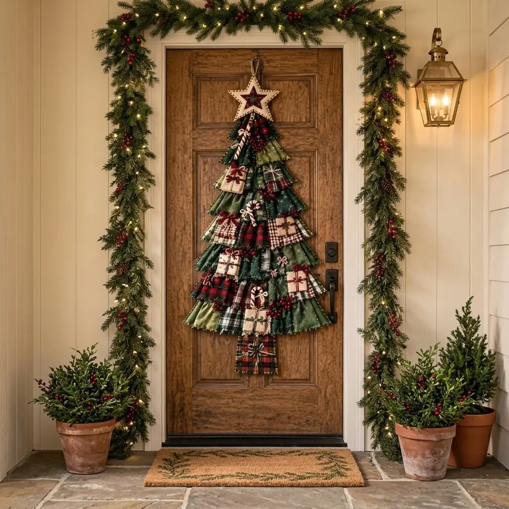 Patchpine patchwork Christmas tree hanging on a front door