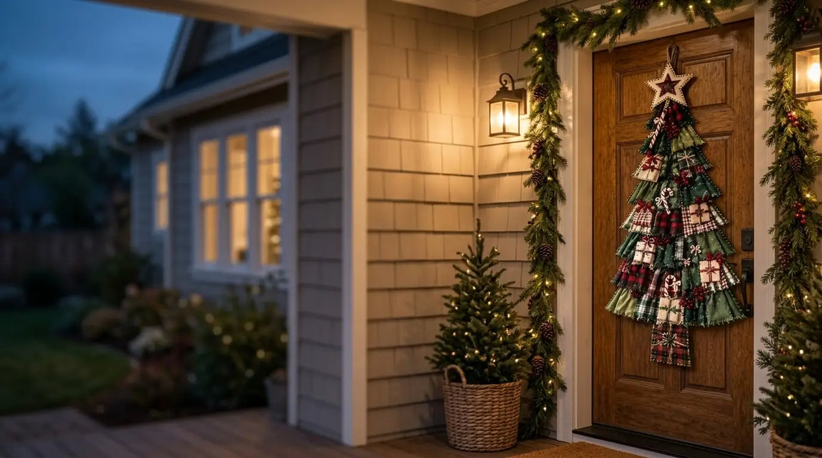 Patchpine door tree on a warm front porch at dusk